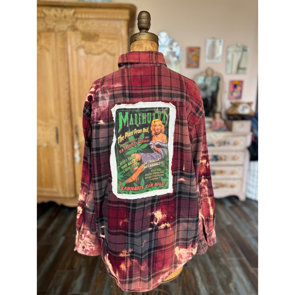 Upcycled Red Plaid Flannel Large Cannabis Patch Folk Art Shirt - Picture 6 of 7
